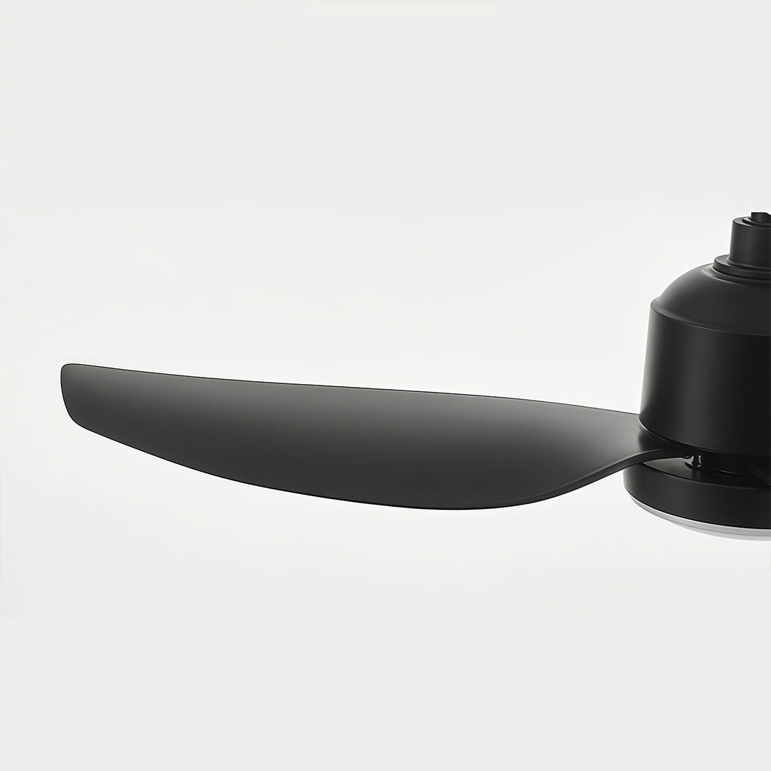 Close-up of the curved black blade on a 42 inch black ceiling fan with light.