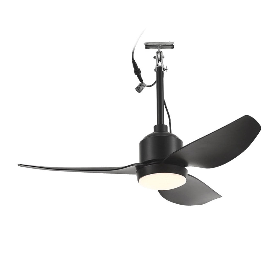 42 inch black ceiling fan with light featuring three curved blades, a downrod, and an integrated LED.