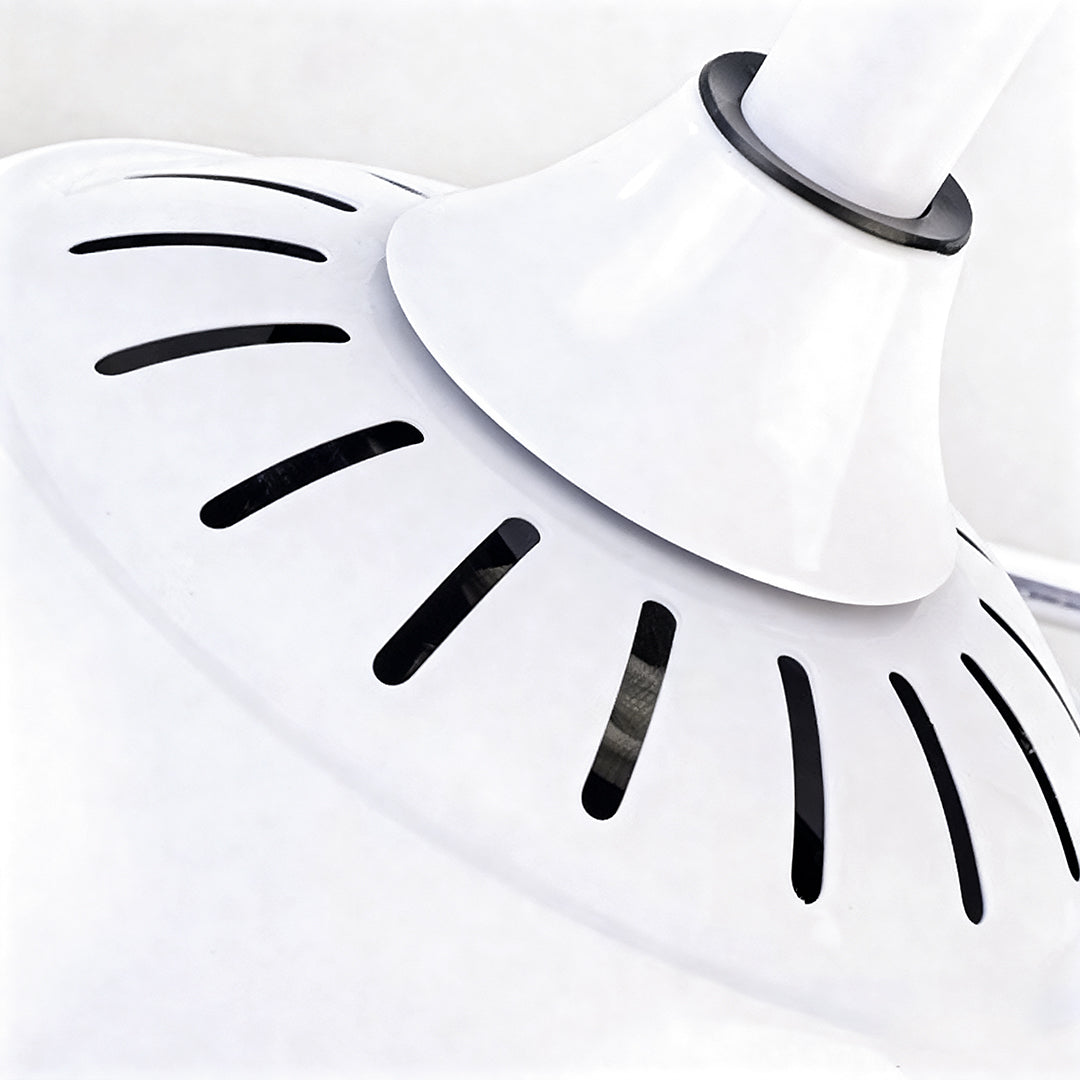 Close-up of 42 in ceiling fan with light showing white retractable blades in extended position