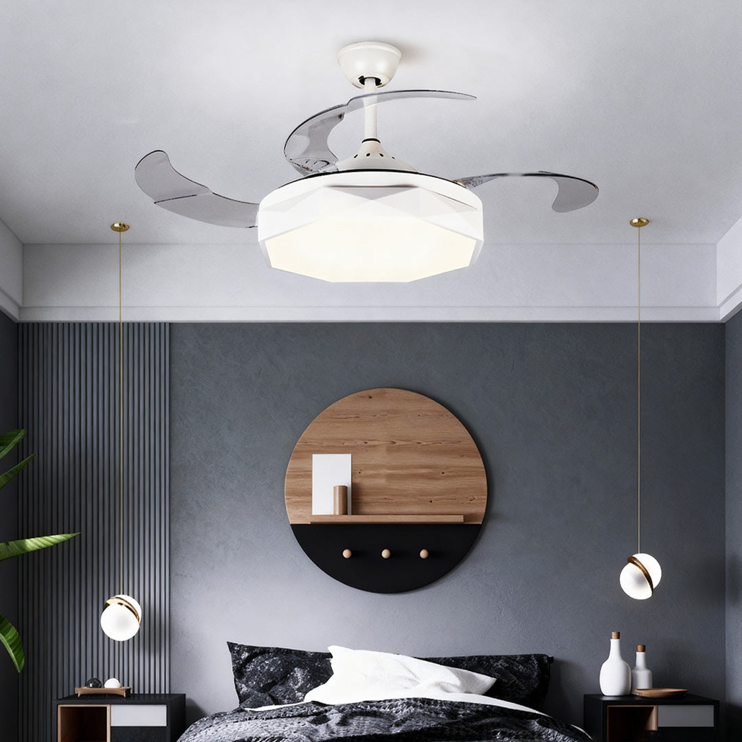 42 in ceiling fan with light mounted in contemporary bedroom with navy accent wall and circular mirror