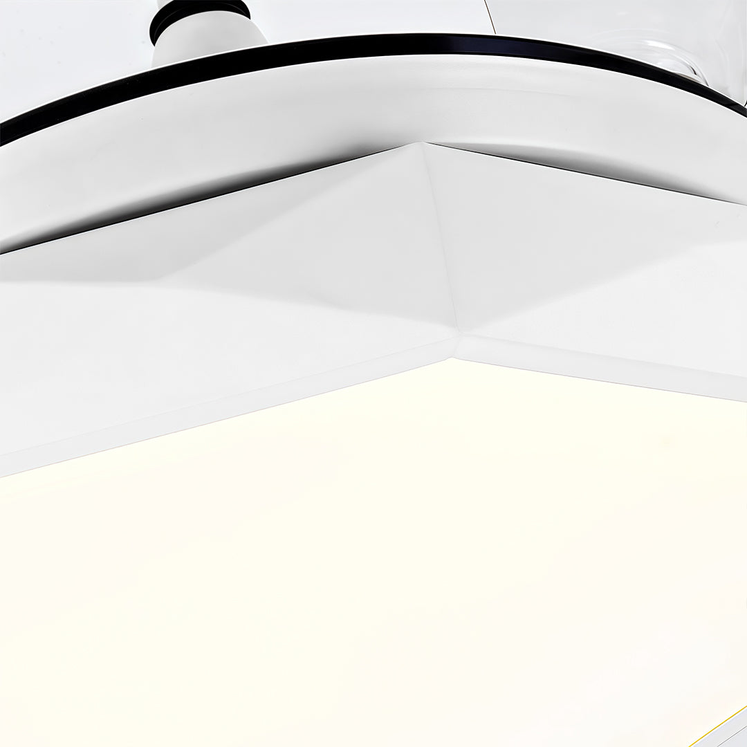 Detail view of 42 in ceiling fan with light highlighting curved blade design and smooth edges