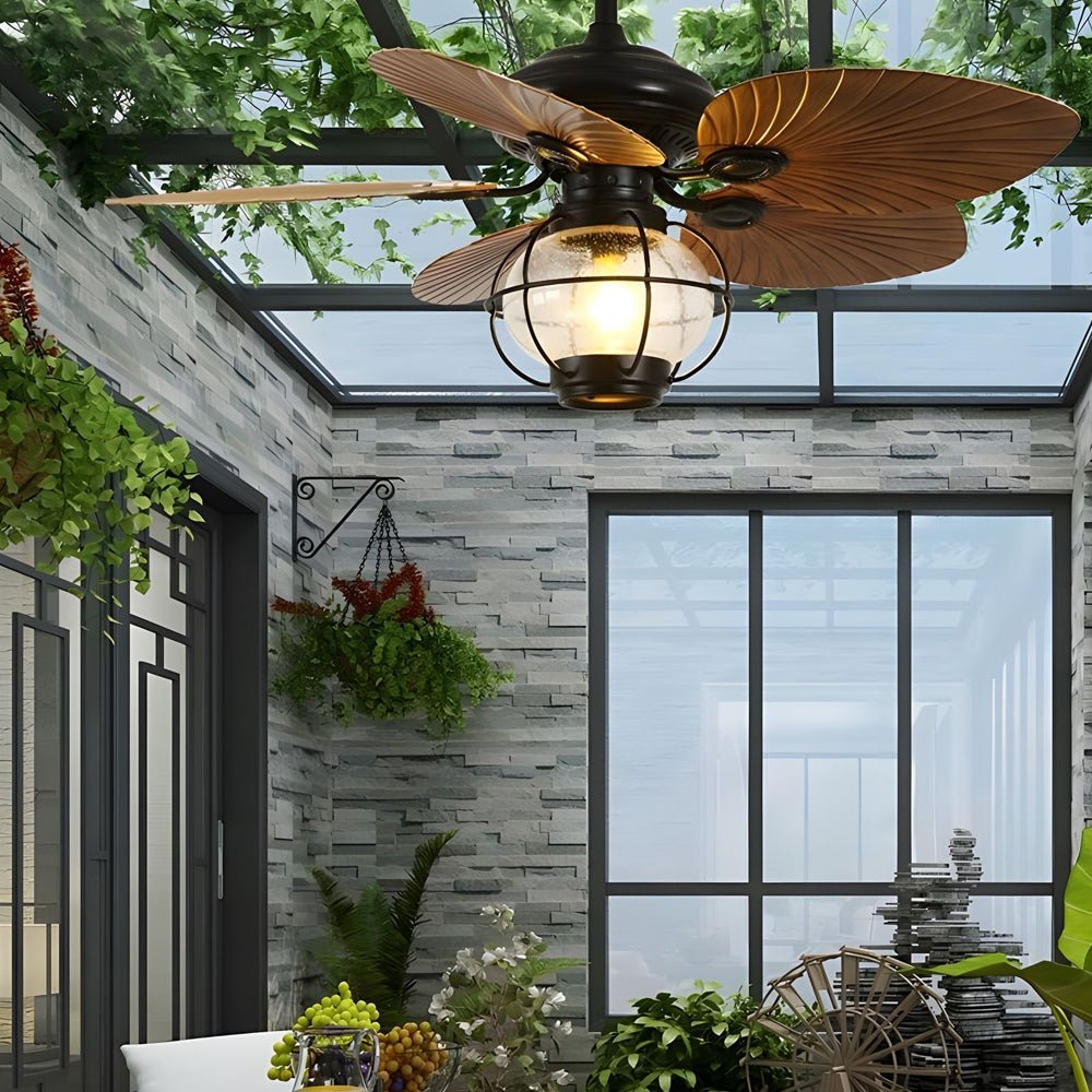 42/52 - Inch LED Tropical 5 Brown Blades Reversible Ceiling Fan Light with Remote Control