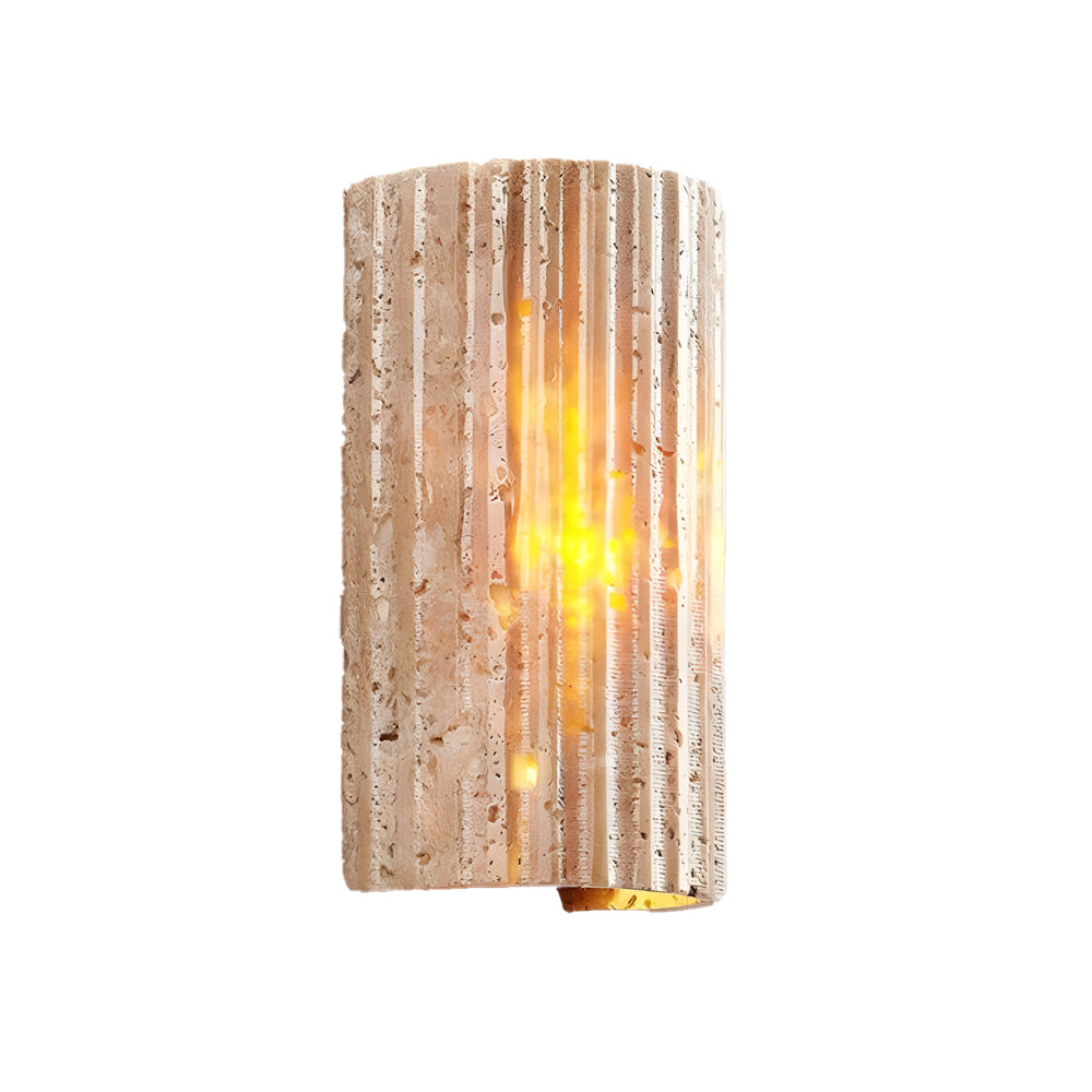Elegant cylindrical wall sconce with natural travertine stone finish and warm LED illumination