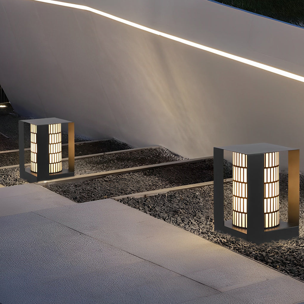 Four-Panel Cylinder Lantern LED Black Waterproof Outdoor Light with Lattice Pattern