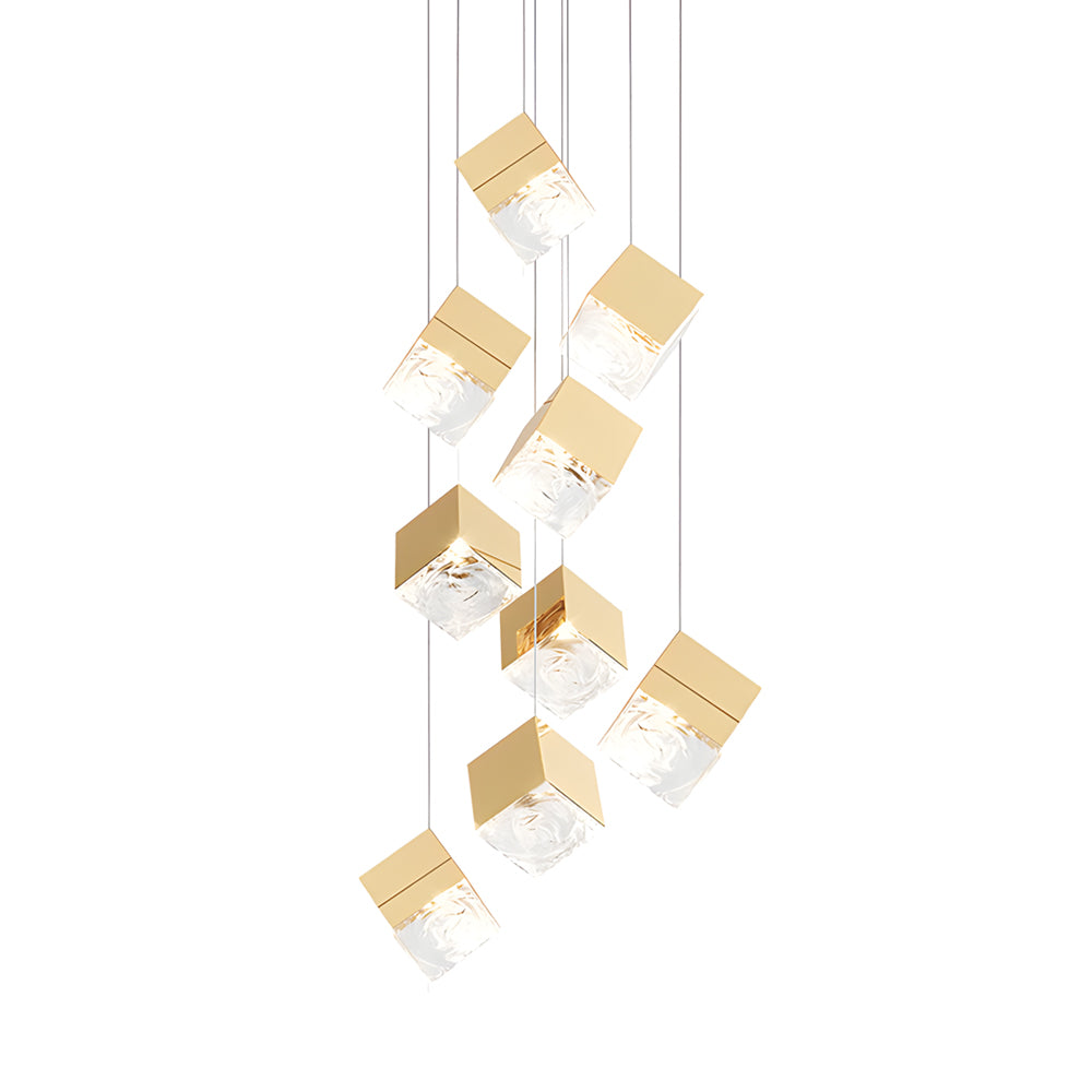 1/3/6/9-Light Multi Glass Ice Cube Metallic Staircase Chandelier in Gold/Chrome