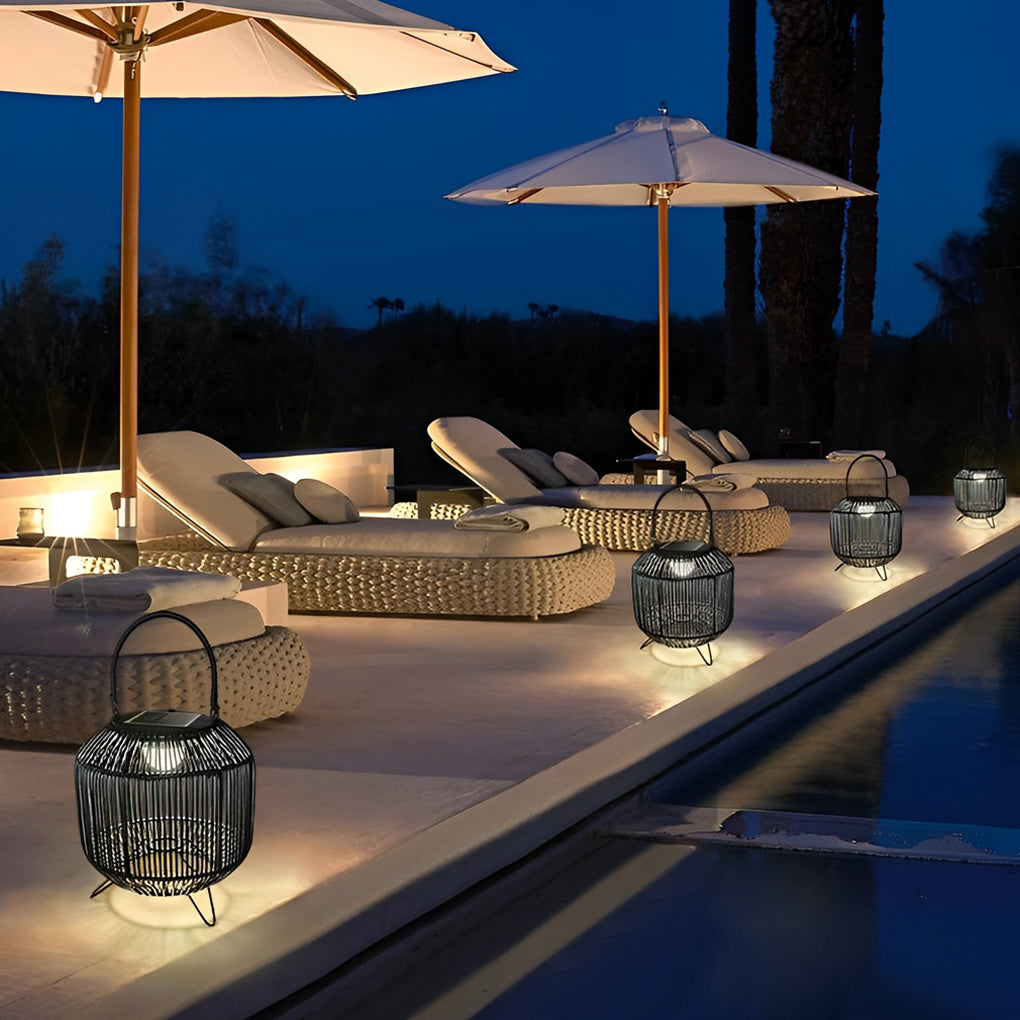 Waterproof Portable LED Rattan Retro Solar Powered Outdoor Lanterns