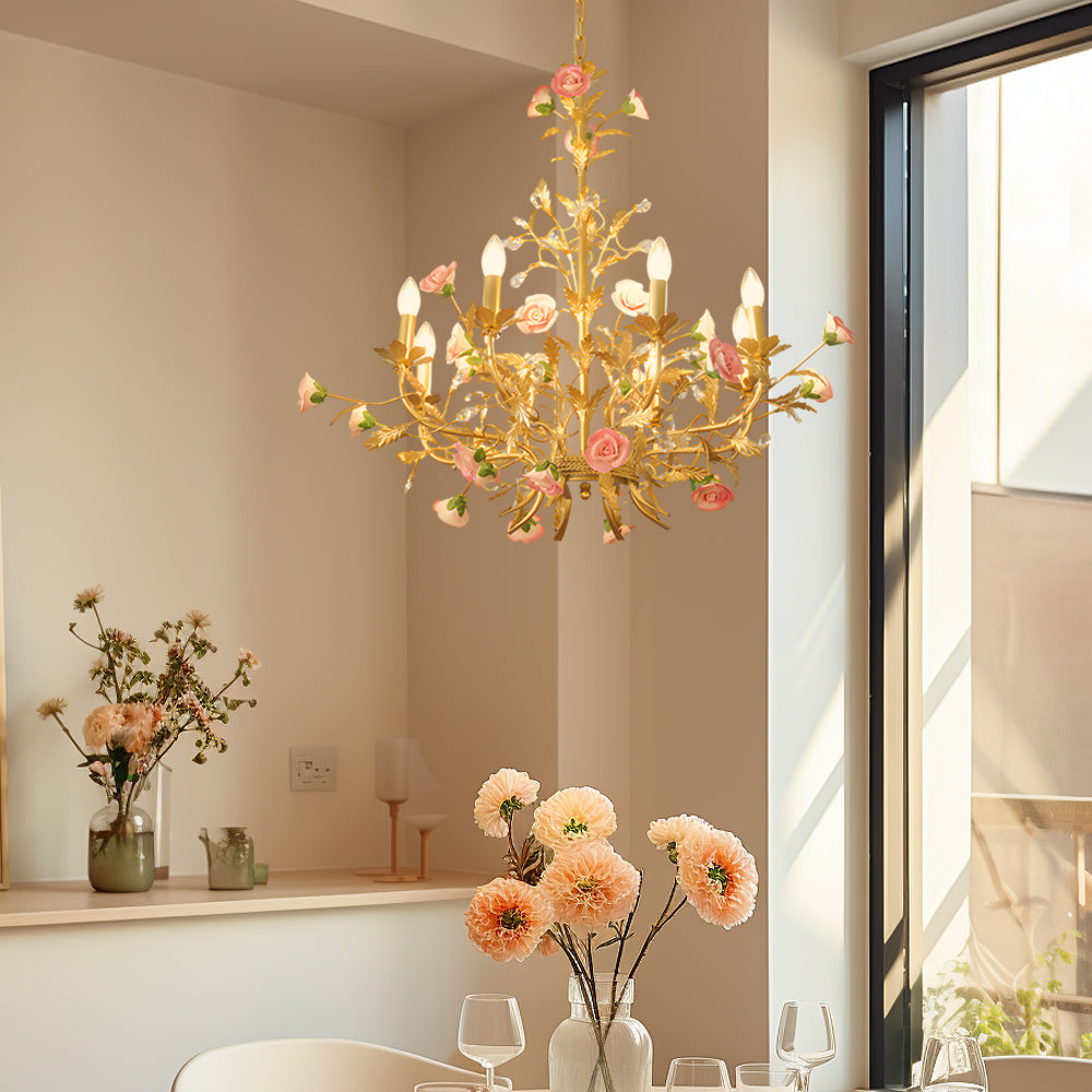 French Luxury Ceramic Pink Roses Chandeliers: 6/8-Light Candlelight Pastoral Charm