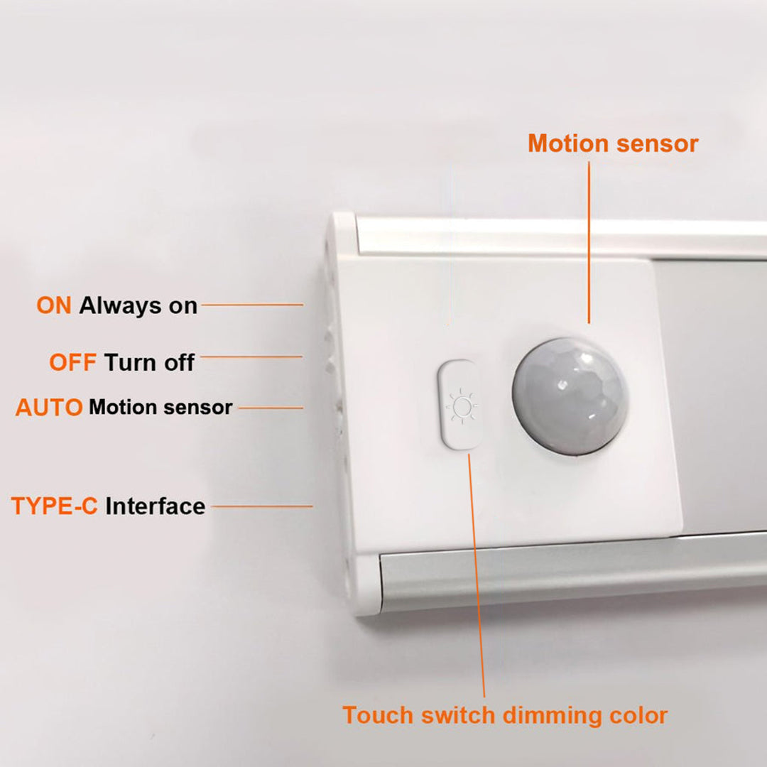 Detailed view of the multi-functional control panel with motion sensor and touch dimming color on the wireless under cabinet lighting unit.