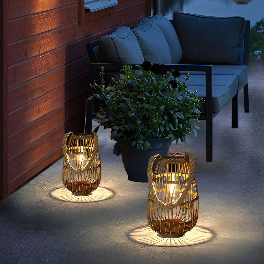 Portable Bamboo Rattan Waterproof LED Wood Retro Solar Outdoor Lanterns