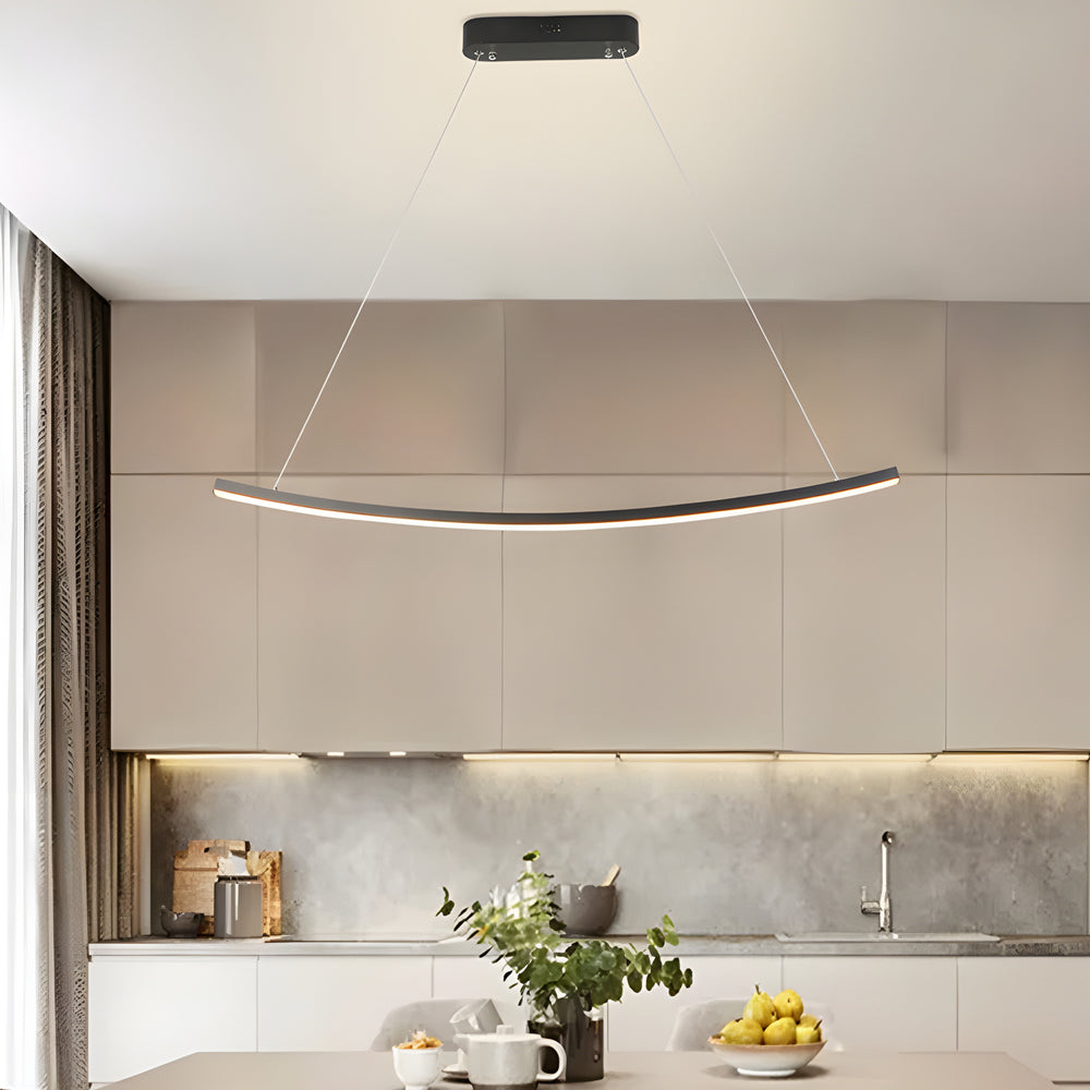 Modern LED Linear Arcing Pendant Lighting: Matte Black Fixture for Dining Room & Kitchen Island