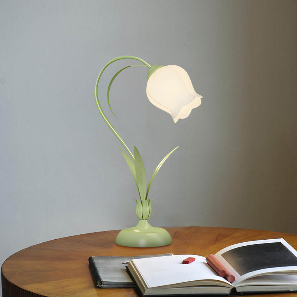 Pastoral Ins White Flowers 3 Step Dimming Green Rustic Style Table Lamp