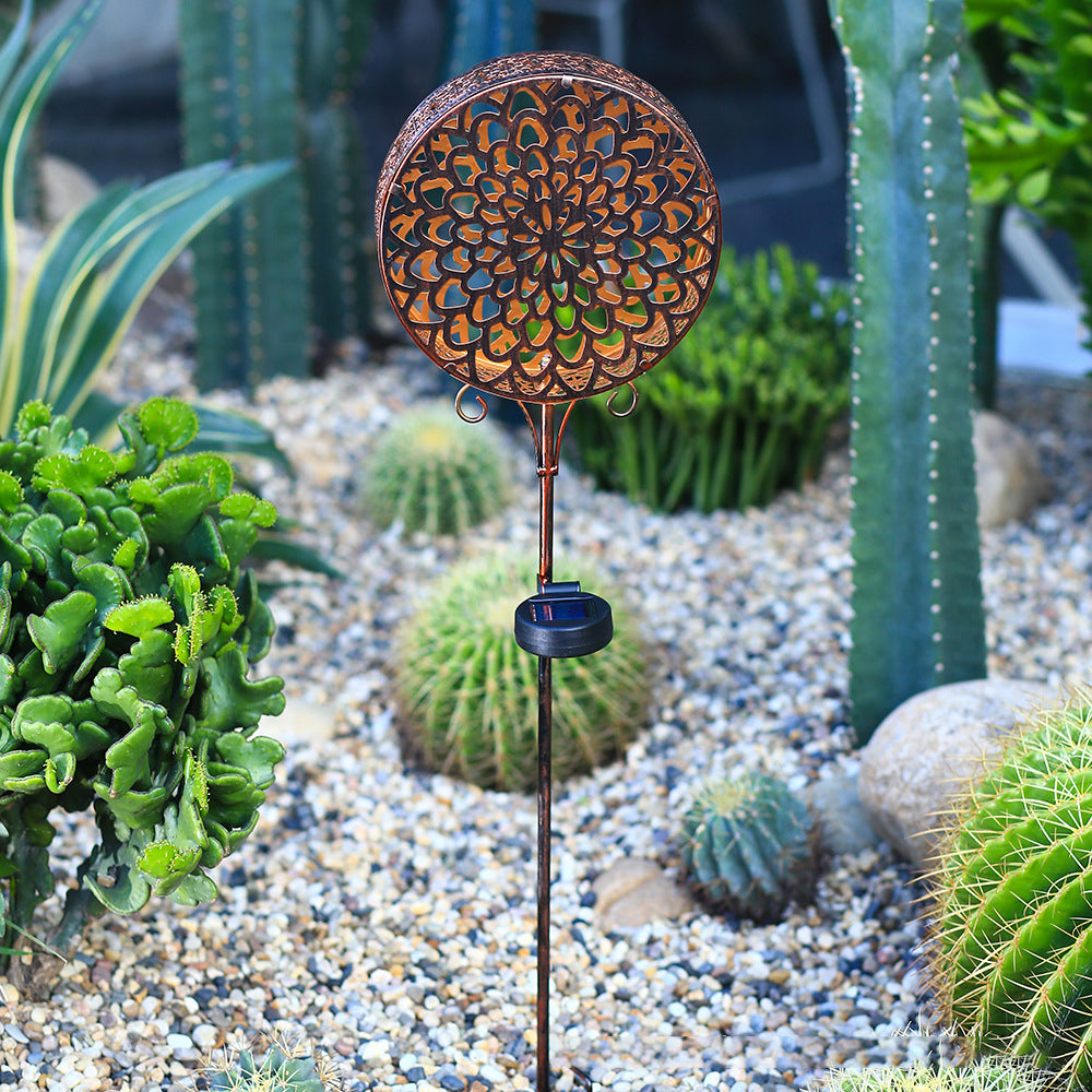 Metal Round Hollow Drum Flowers Waterproof LED Modern Outdoor Solar Lights