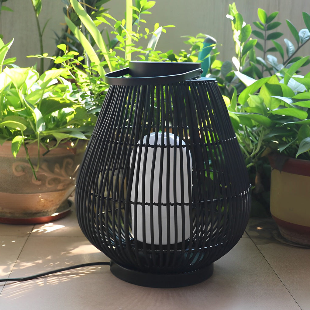 Round Handwoven Waterproof LED Black Modern Rattan Outdoor Lanterns - Dazuma