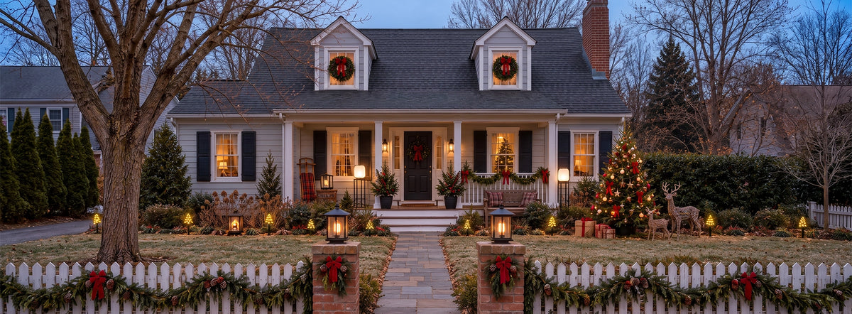 Copper pillar light beside red ribbons, fir garlands and a warmly lit Christmas entrance. Explore Holiday Lighting.