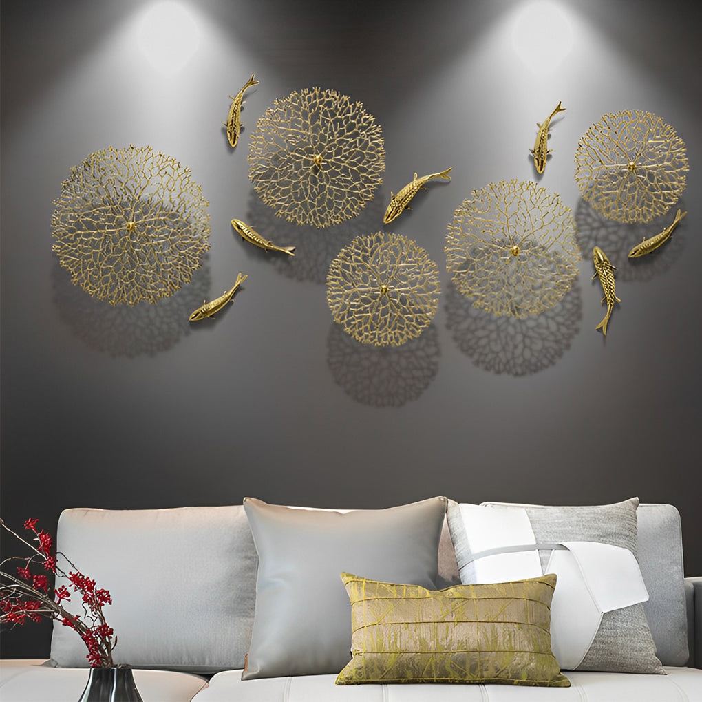 Retro 3D Carps Corals Lotus Leaves Electroplated Zinc Alloy Wall Decor - Dazuma