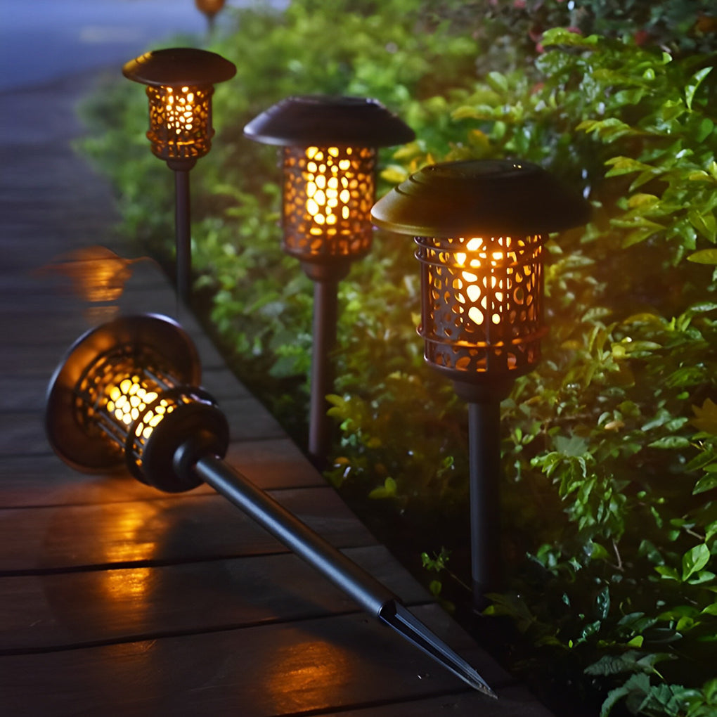 Waterproof Round Hollow LED Flame Flickering Modern Solar Lawn Lights