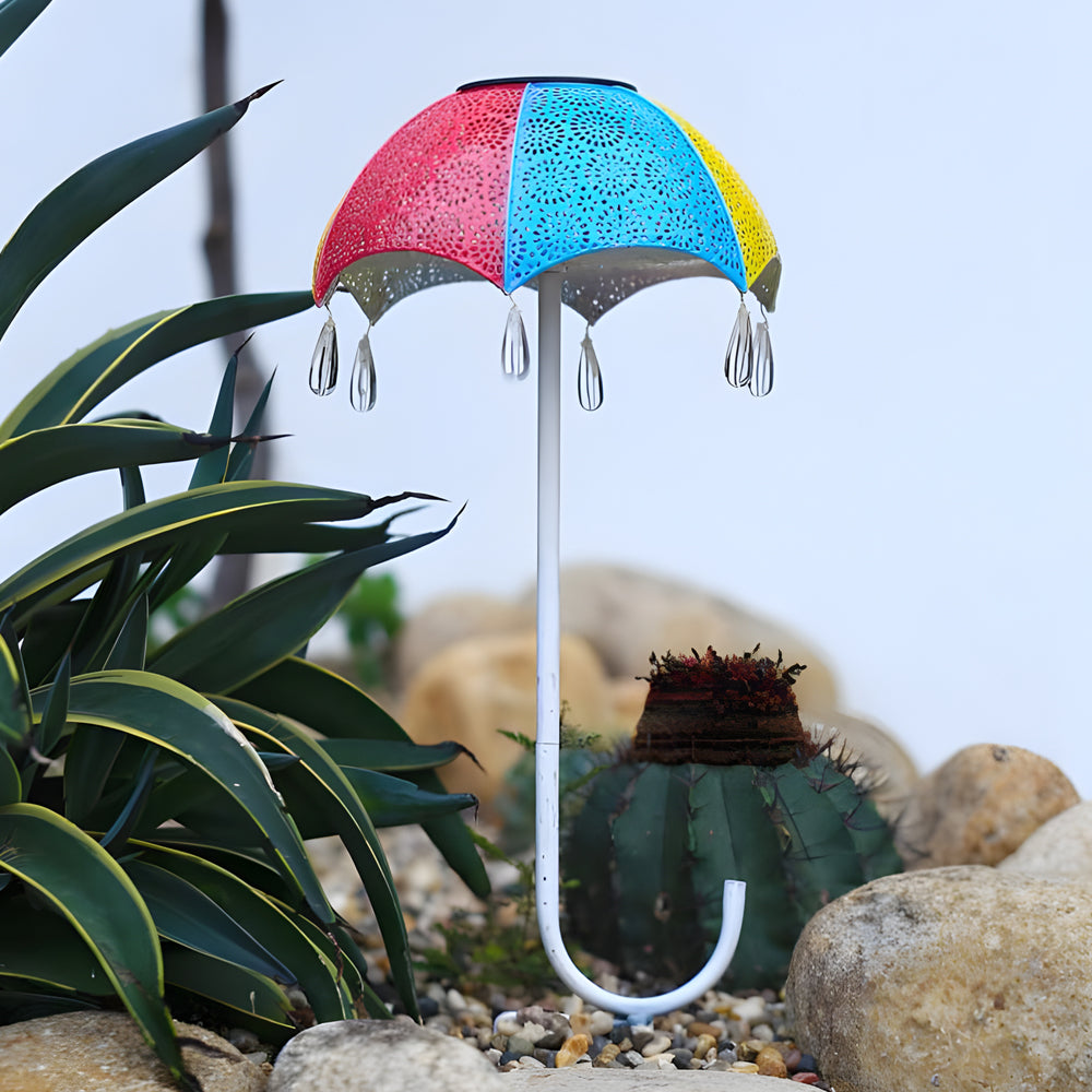 Retro Iron Hollow Umbrella Raindrops Waterproof Modern Solar Lawn Lights