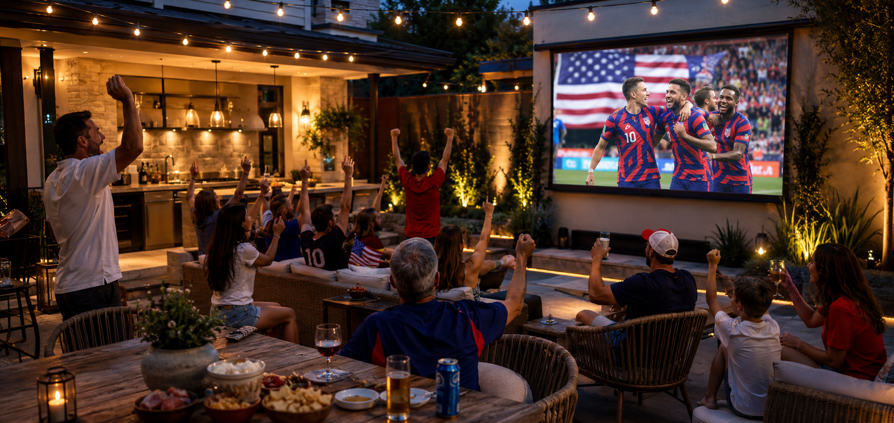 Outdoor soccer watch party with warm Dazuma lighting