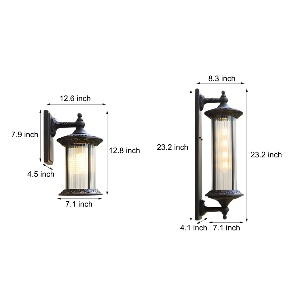 Technical specification diagram showing dimensions and measurements for two sizes of outdoor wall lantern fixtures