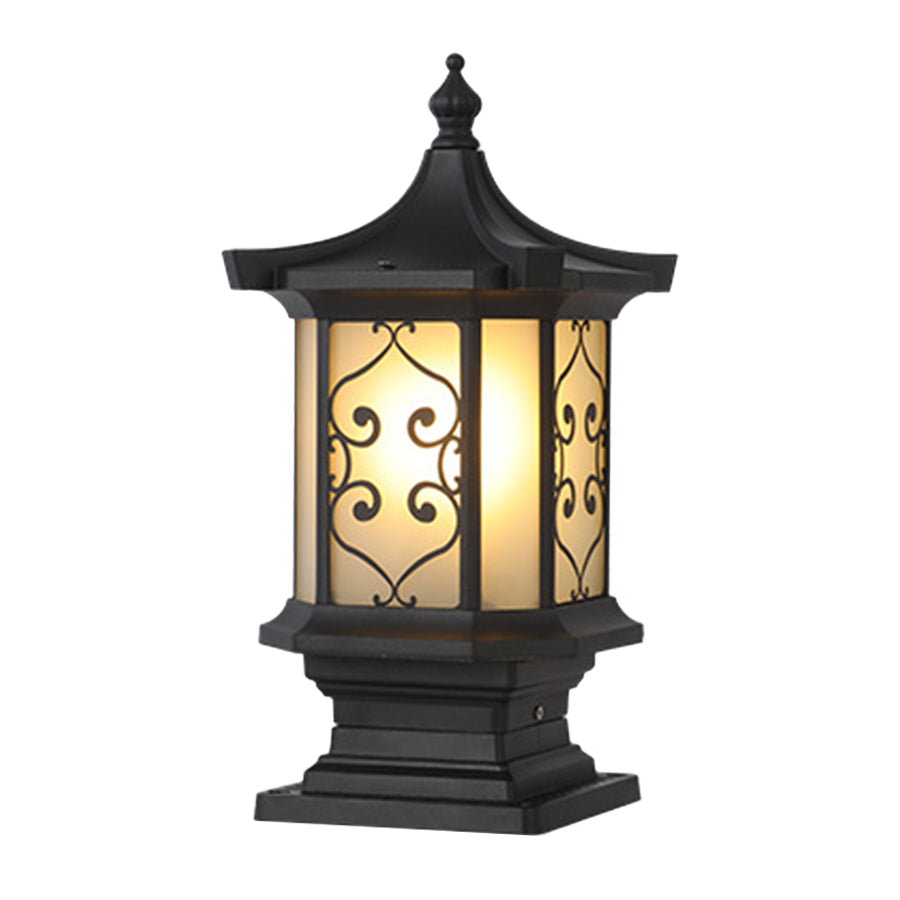 Classic outdoor lantern with swirled glass pattern and traditional black metal construction