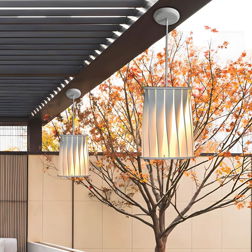 Architectural exterior featuring multiple hanging light fixtures with slatted design elements