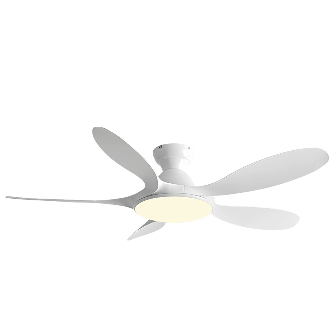 Close-up detail of 5 blade ceiling fan with light showing curved blade design and LED panel