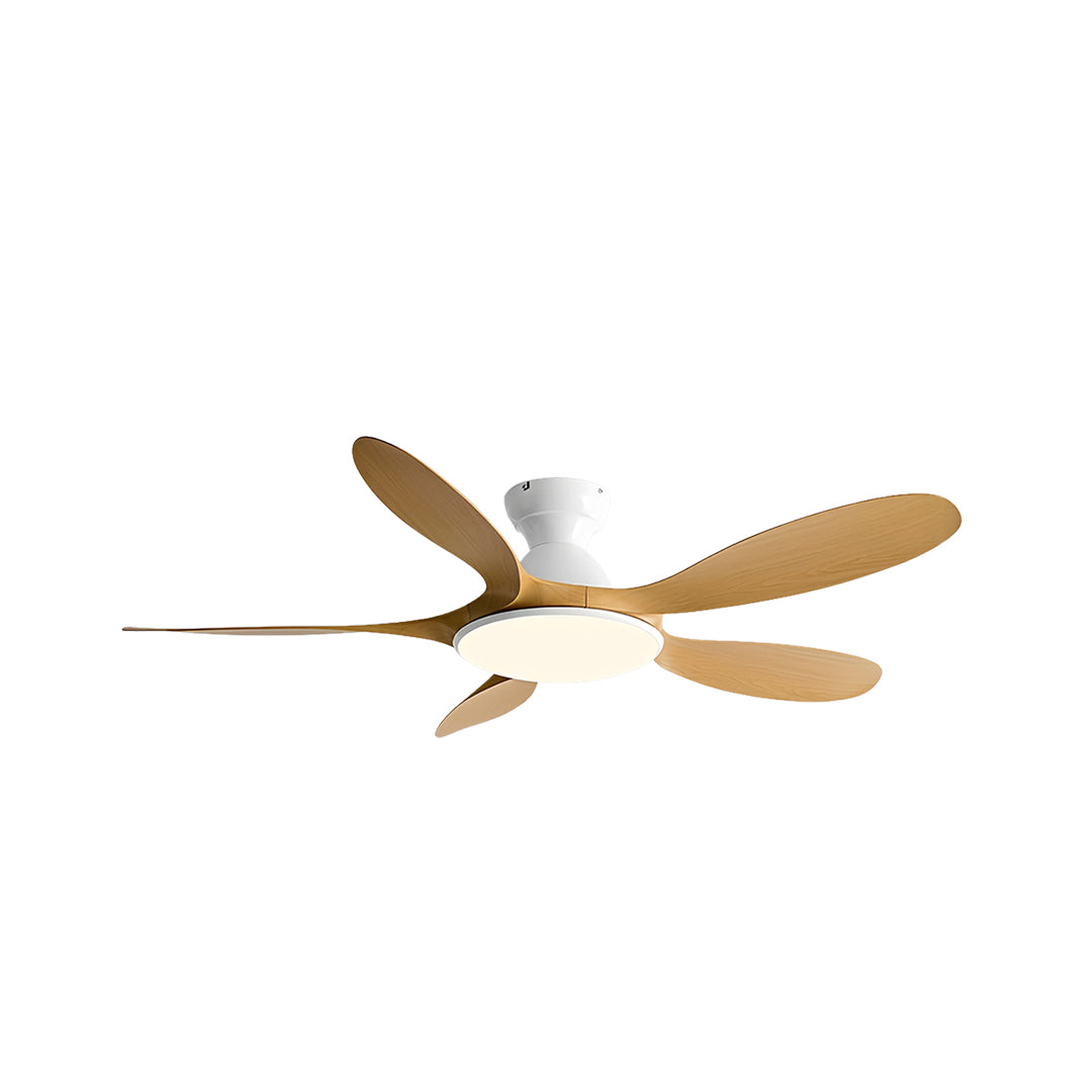 Side view of 5 blade ceiling fan with light highlighting sleek profile and blade curvature