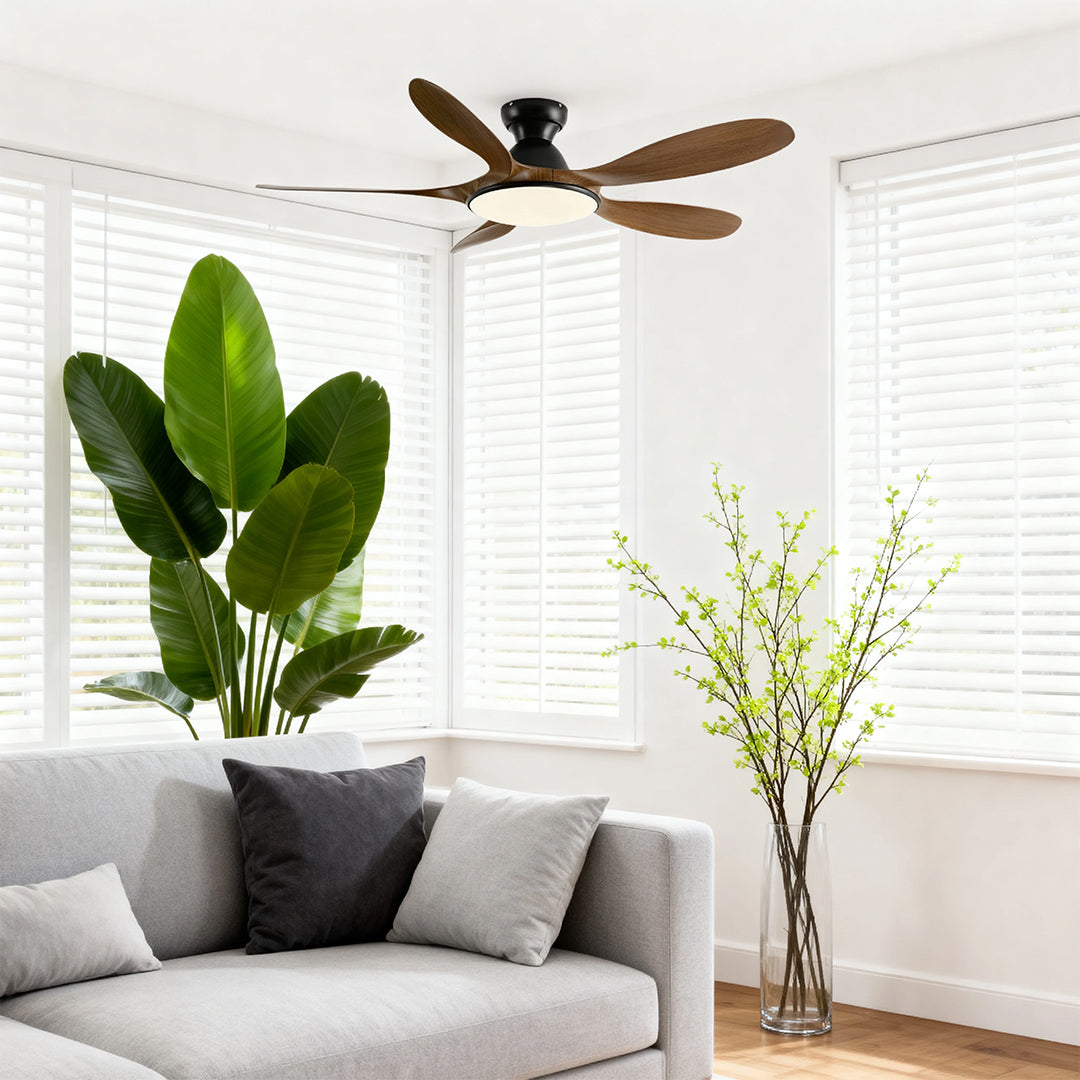 Modern 5 blade ceiling fan with metal body and ABS blades provides quiet operation and stylish lighting for home or workspace.