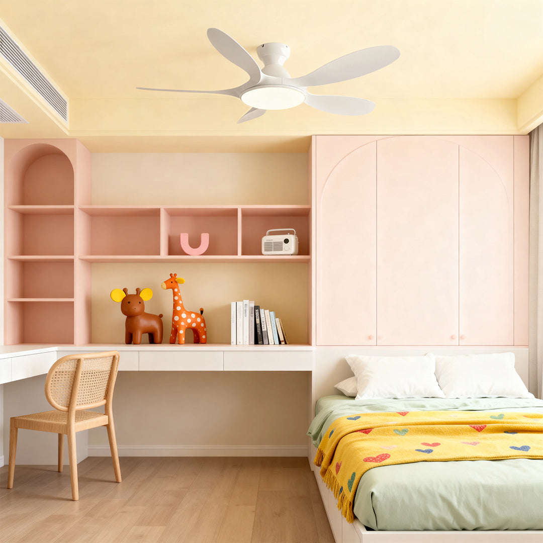 5 blade ceiling fan with ABS blades and metal body offers efficient airflow and integrated light for bedrooms, living rooms, and offices.