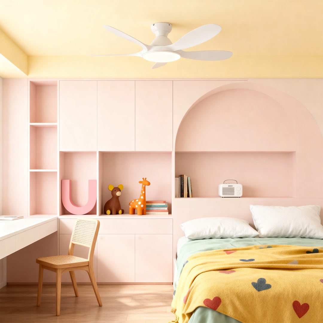 5 blade ceiling fan with metal frame and ABS blades combines contemporary design with functional lighting for modern homes.