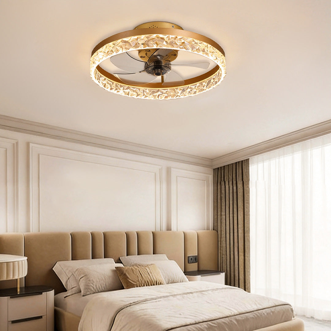 5-blade fan light mounted in a bright bedroom with soft neutral decor.