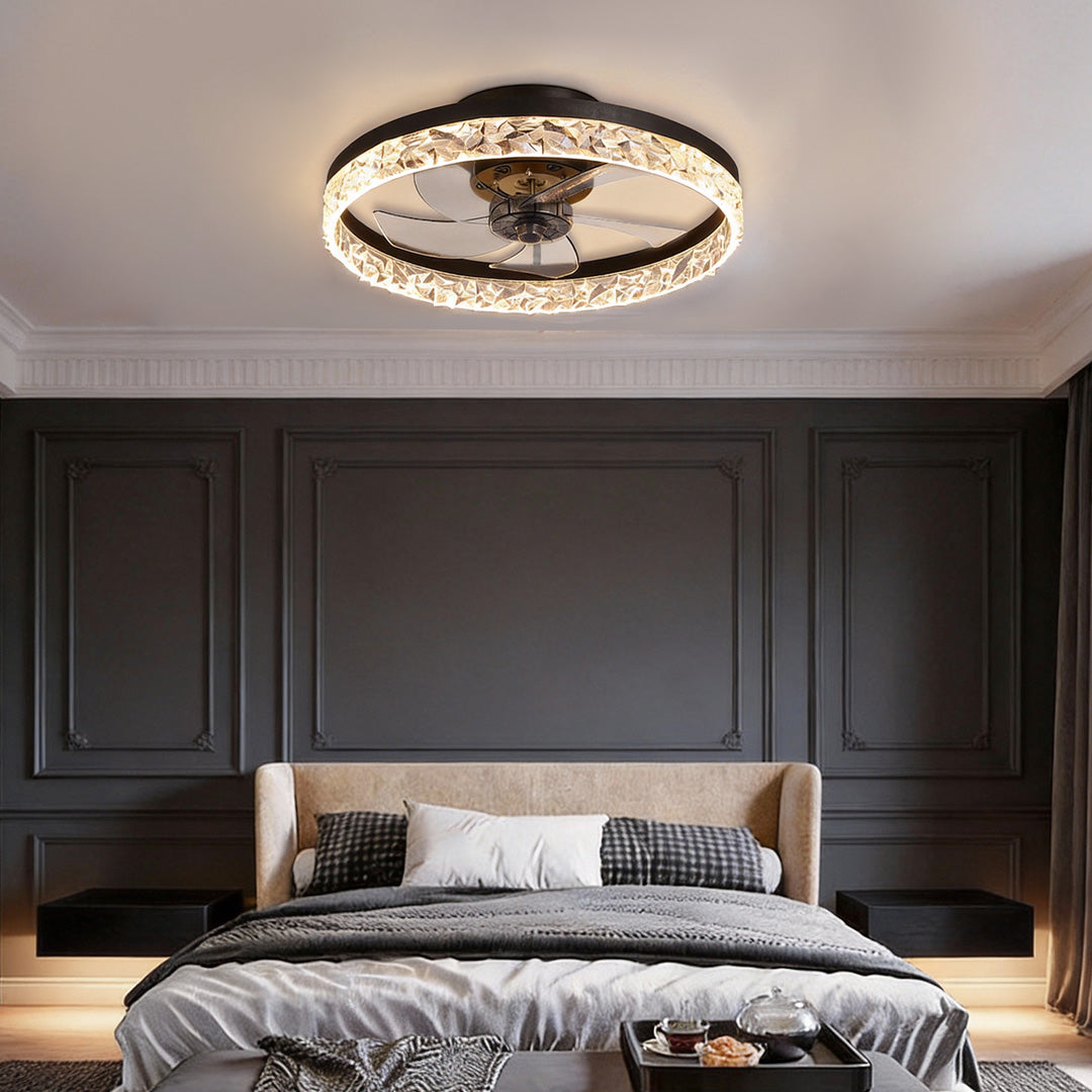 5-blade fan light installed in a modern dark-toned bedroom with ambient ceiling lighting.