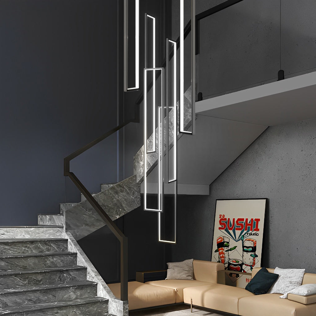 6 Rectangular Frame Aluminum LED Black Nordic Duplex Stair Chandelier