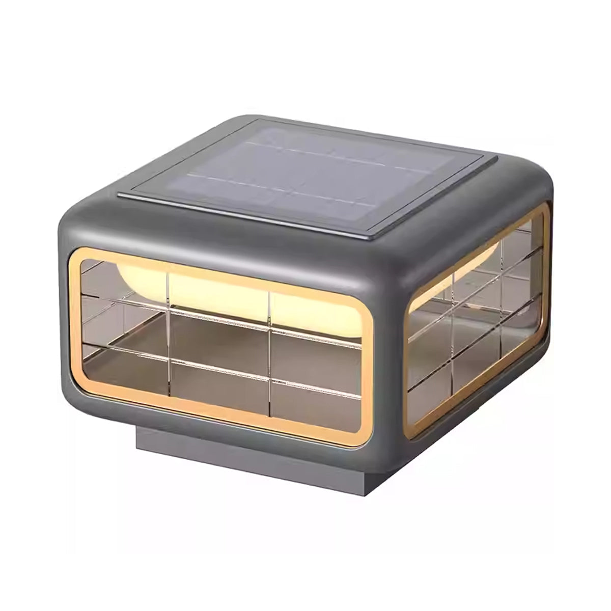 Stylish cube solar light creating atmospheric lighting in residential garden setting
