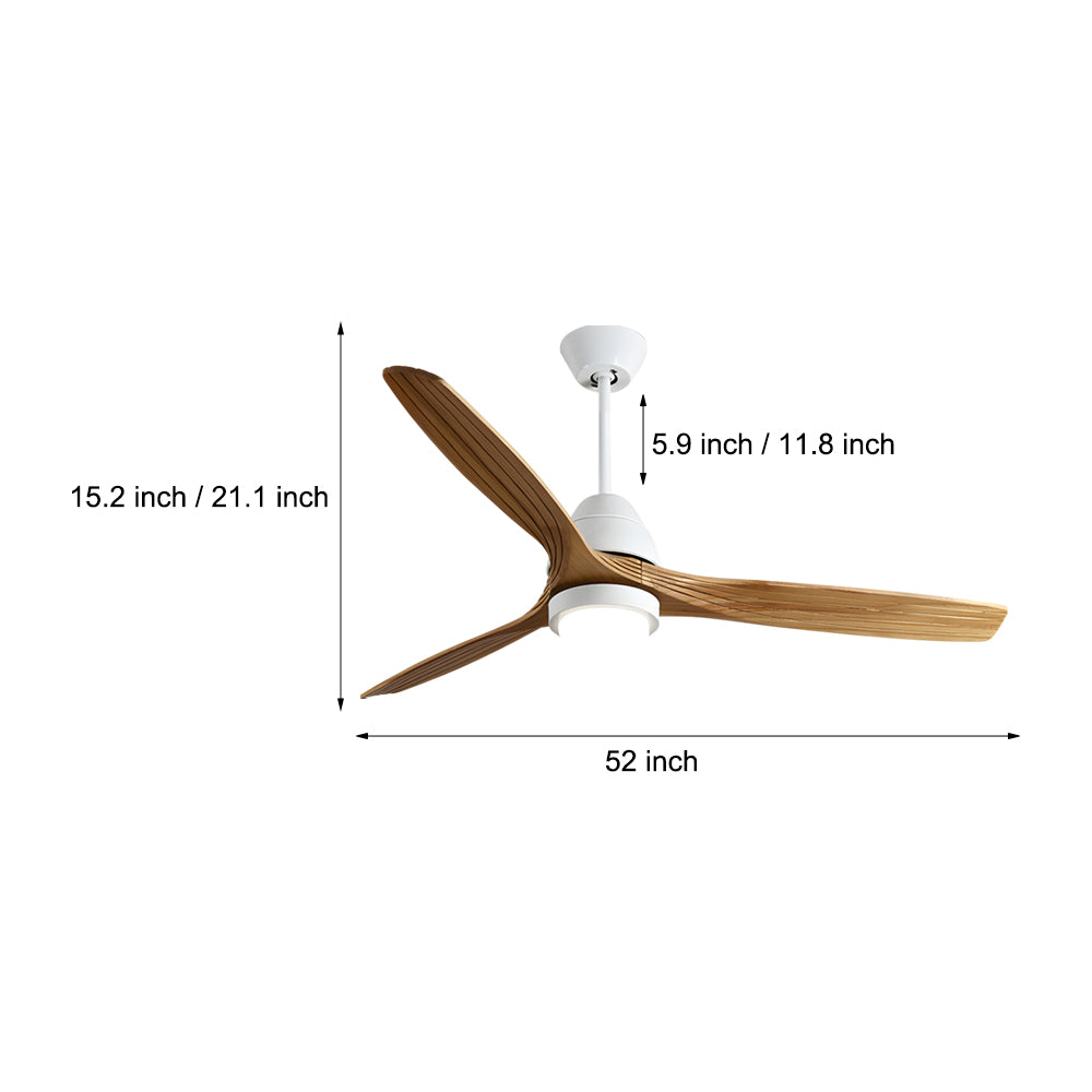 Dimension guide for 52 inch ceiling fans with lights showing rod length and width specs.