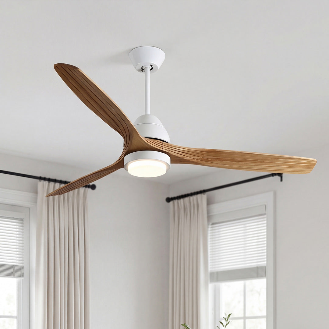 Modern 52 inch ceiling fans with lights featuring wood blades and a sleek white motor.