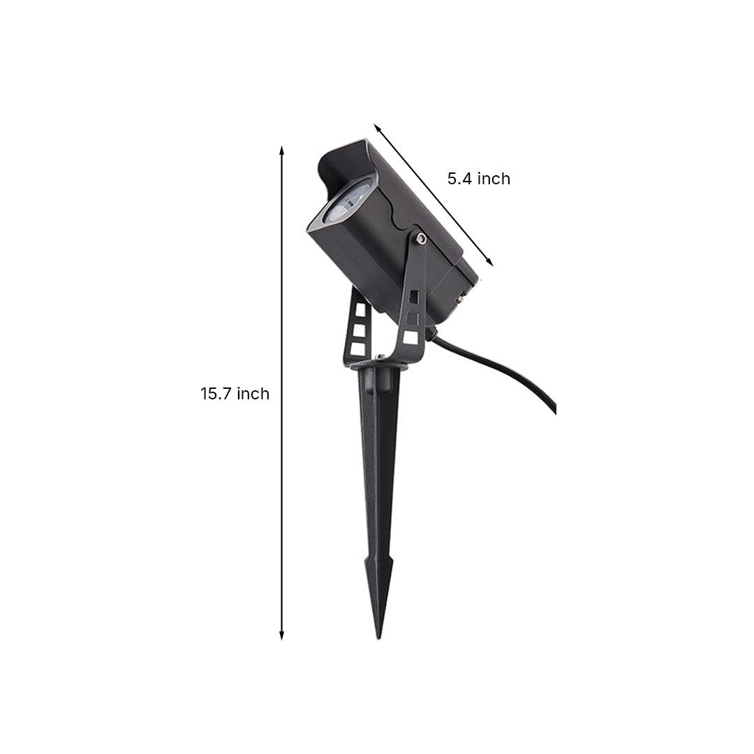 Technical dimension drawing of landscape spotlight showing measurements and spike mount specifications