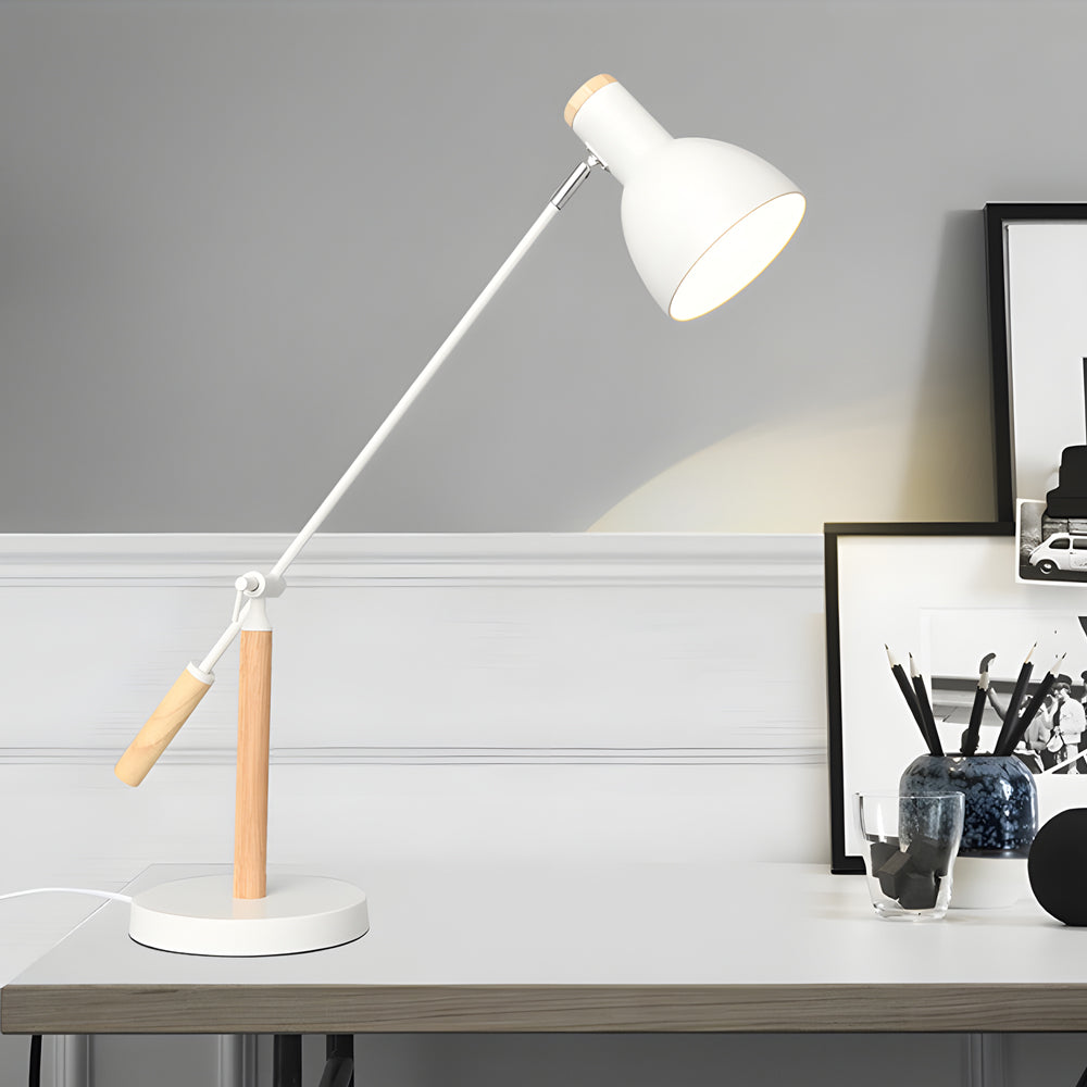 1 Bulb Dome Table Lamp with Boom Arm Adjustable Wood Metal Reading Light - Dazuma