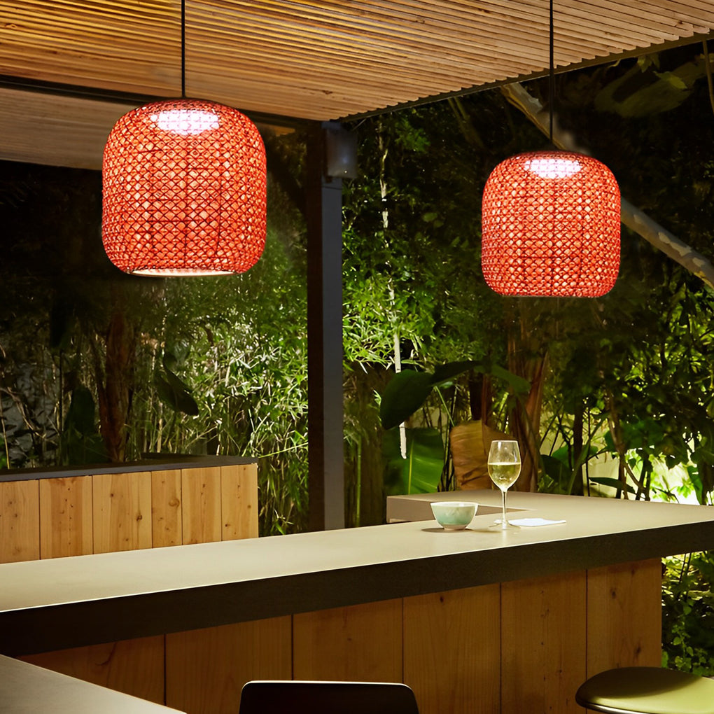 Waterproof Classic Rattan Lanterns LED Red Modern Outdoor Chandelier