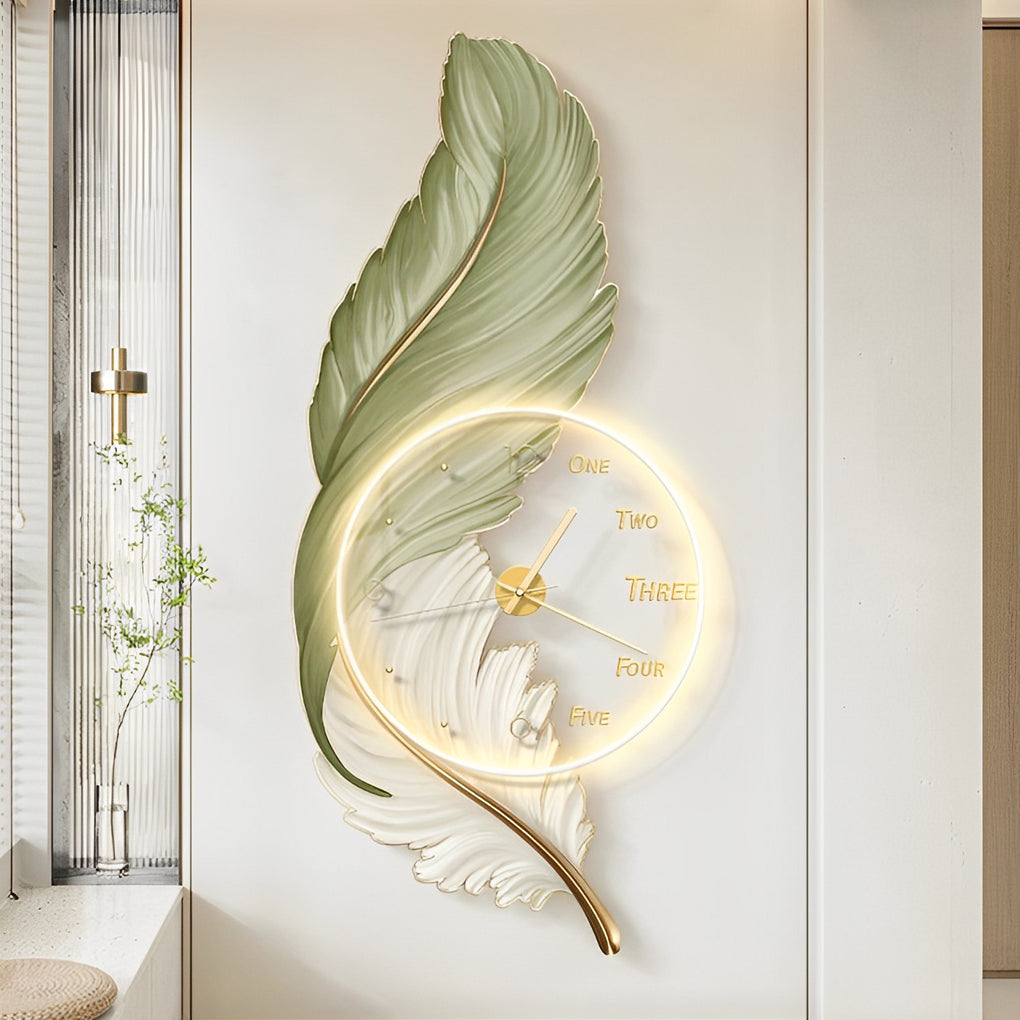 Feathers Painting Acrylic USB DC5V Round Wall Clock Wall Lamp with Remote - Dazuma