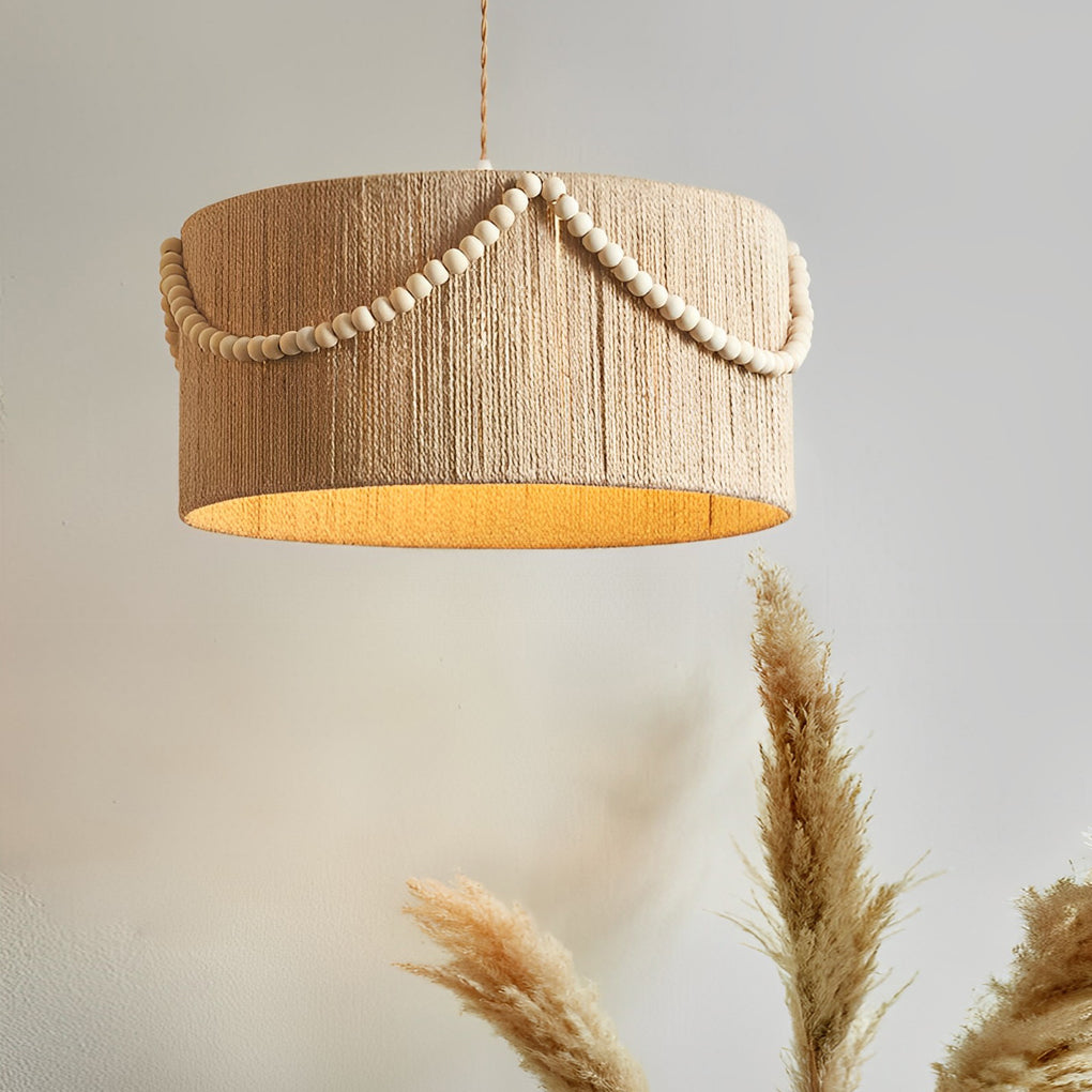 Round Twine Rope Wood Beads Tassels Boho Style Chandelier Pendant Lamp ...