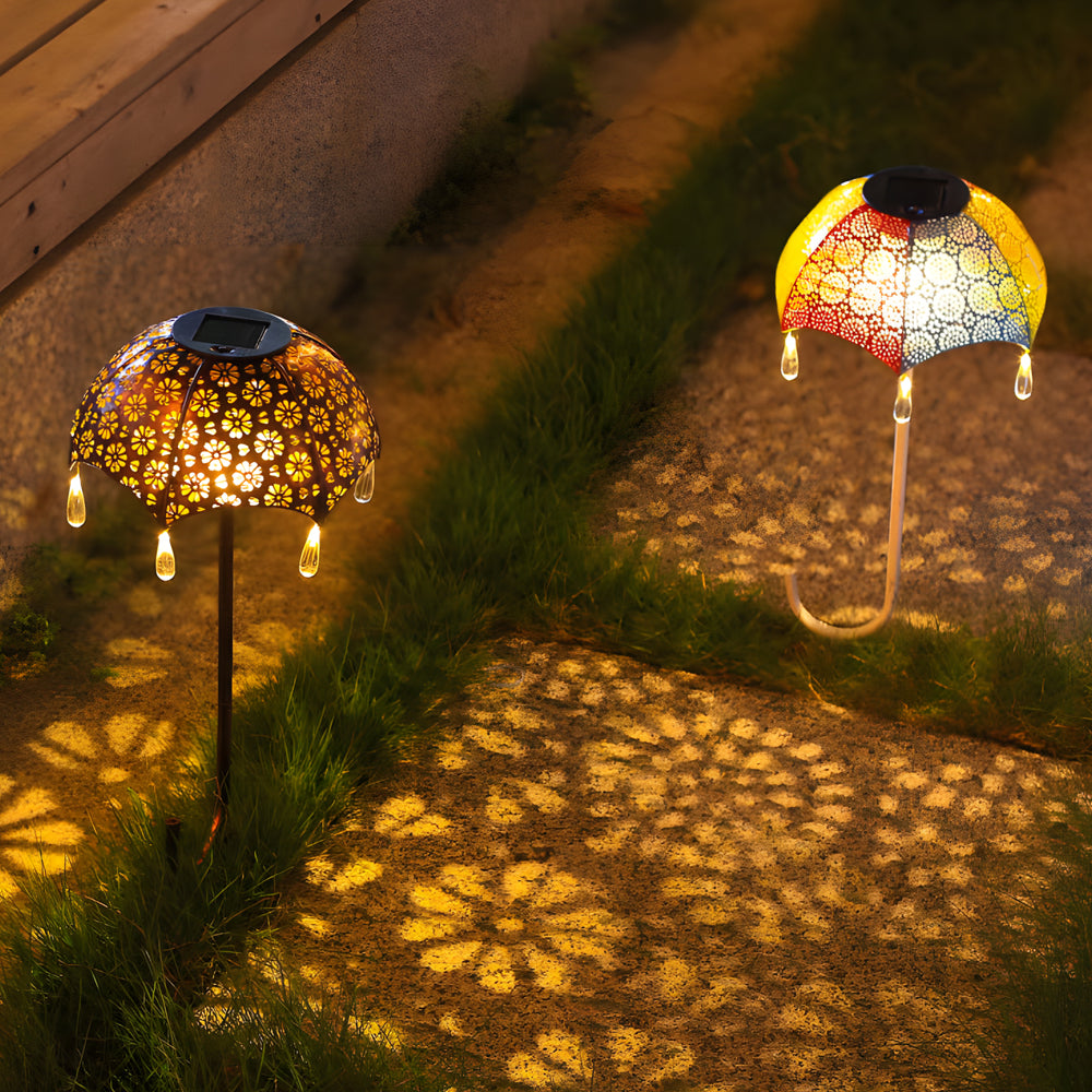Retro Iron Hollow Umbrella Raindrops Waterproof Modern Solar Lawn Lights - Dazuma