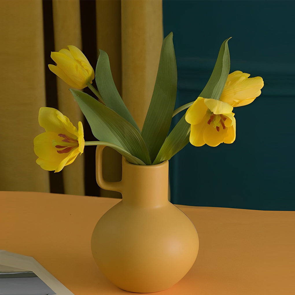 Round Ceramic White Yellow Flower Vases with Single Handle