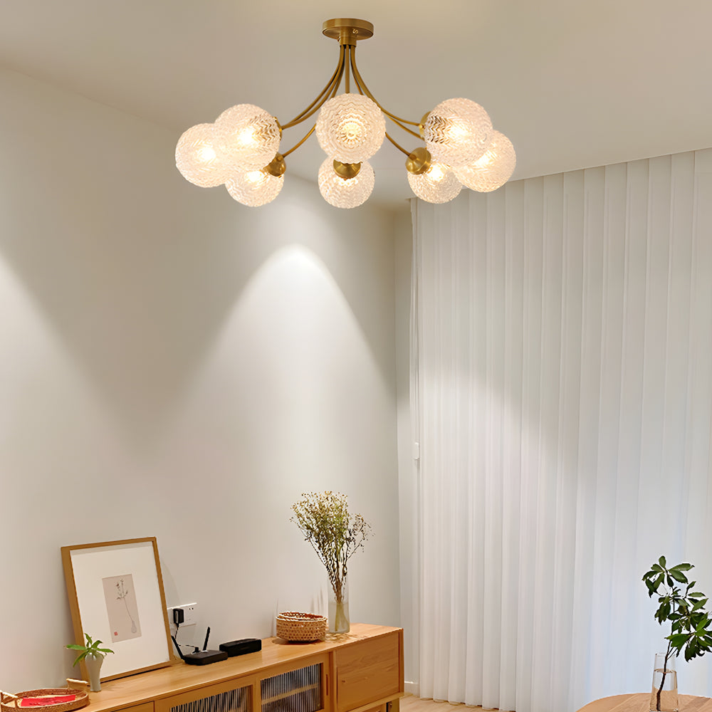 Modern Brass Carved Glass Semi-Flush Mount Ceiling Light - 6/8-Light
