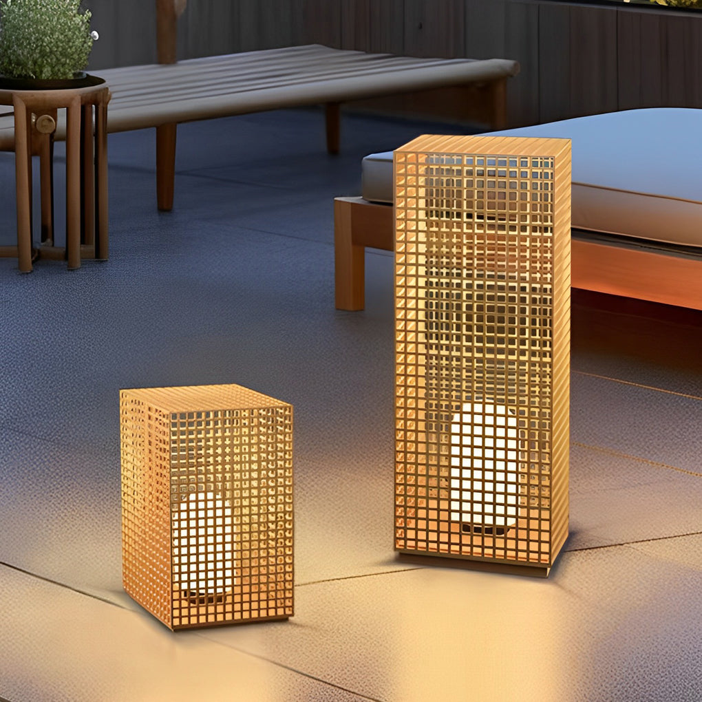 Artistic Gold Cuboid Pathway Bollard Lights with LED Solar or Hardwired Asian-Inspired Design