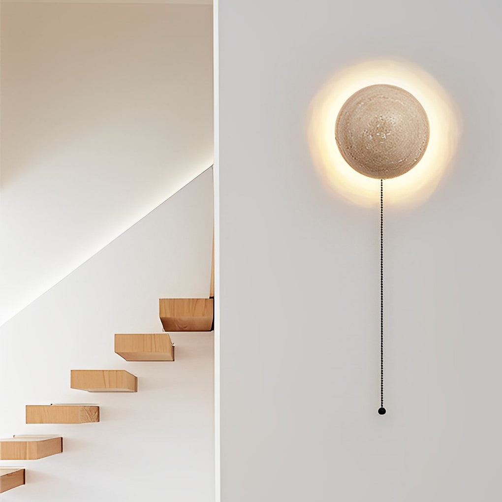Round Natural Texture Stone Japanese Style Wall Lamp with Pull Switch