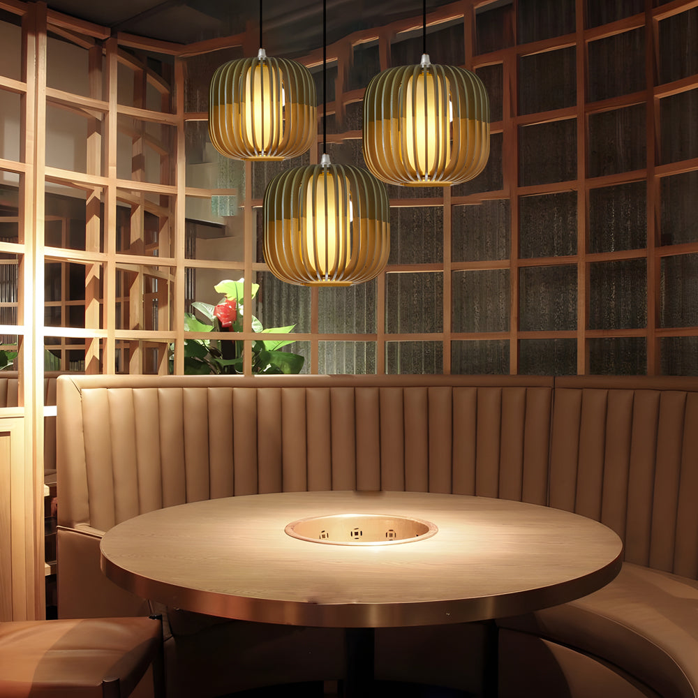 Wood Lantern Fabric Lampshade LED Minimalist Japanese Style Chandelier - Dazuma