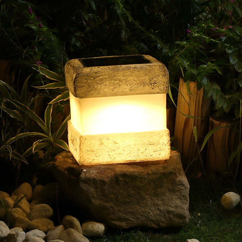 Square Resin Stone Waterproof LED Modern Solar Outdoor Lights Garden Lamp