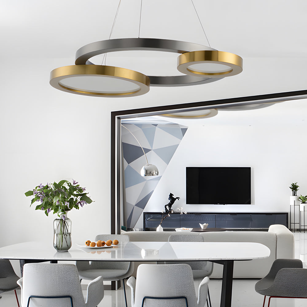 Circular LED Chandelier Multi-Ring Hanging Suspension Lights in Brass & Pearl Black Finish - Dazuma