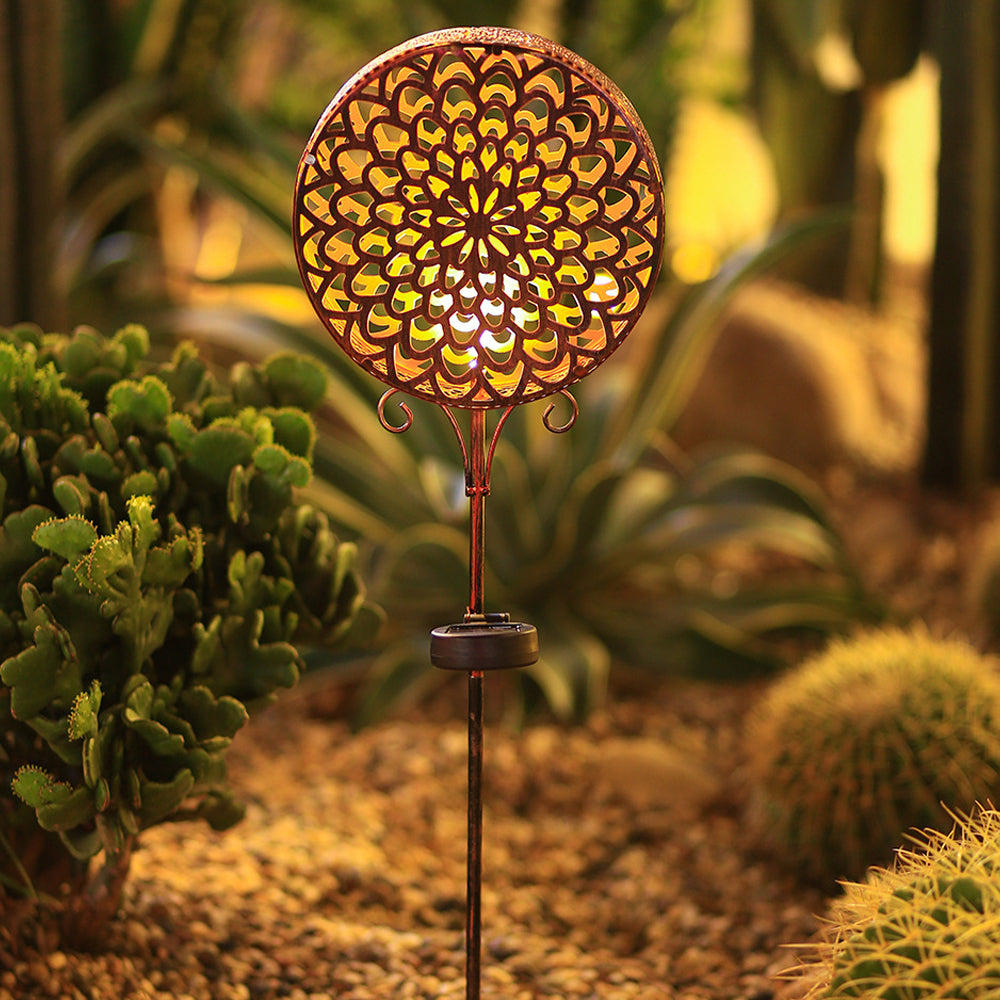 Metal Round Hollow Drum Flowers Waterproof LED Modern Outdoor Solar Lights - Dazuma